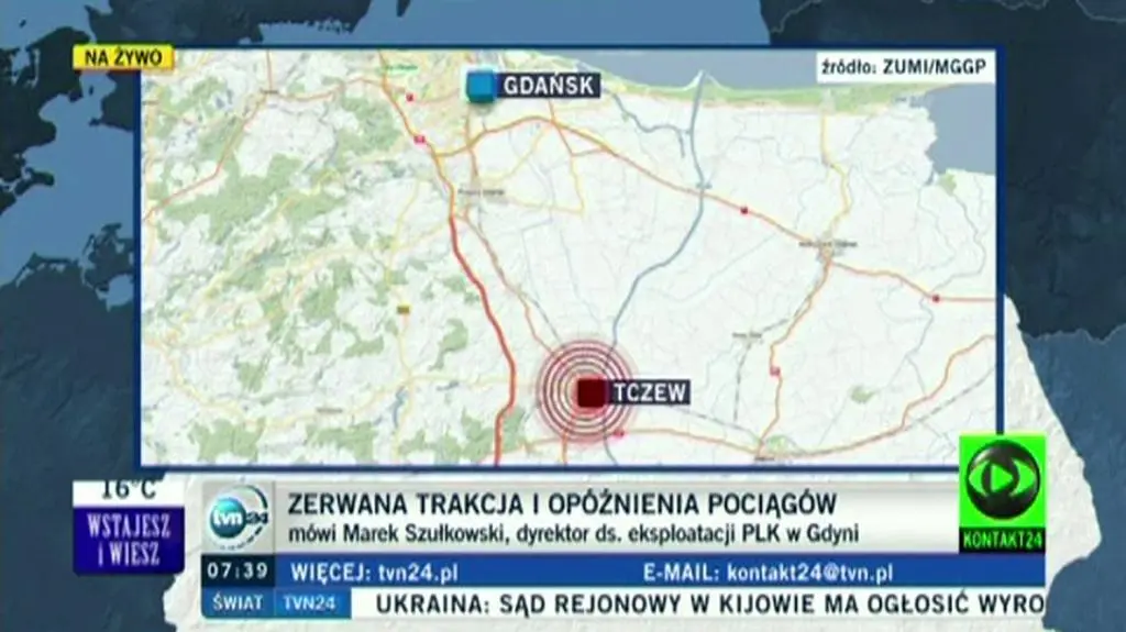 Zerwana sieć trakcyjna pod Tczewem 
