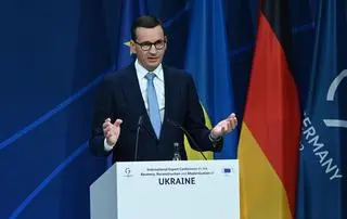 Mateusz Morawiecki speaking at Berlin conference