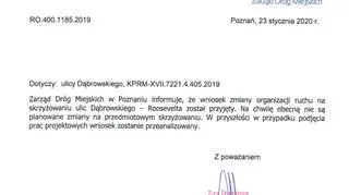 Odpowiedź ZDM na propozycję zmian organizacji ruchu