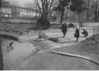 Dzieci przyglądają się kaczkom w stawie na terenie poznańskiego ogrodu (1931 r.)