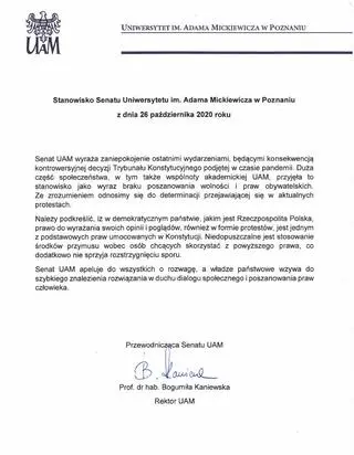 Stanowisko Senatu UAM