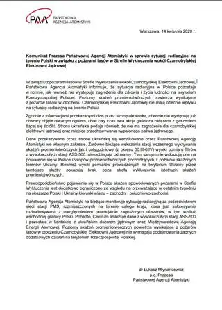 Oświadczenie Państwowej Agencji Atomistyki  14 kwietnia