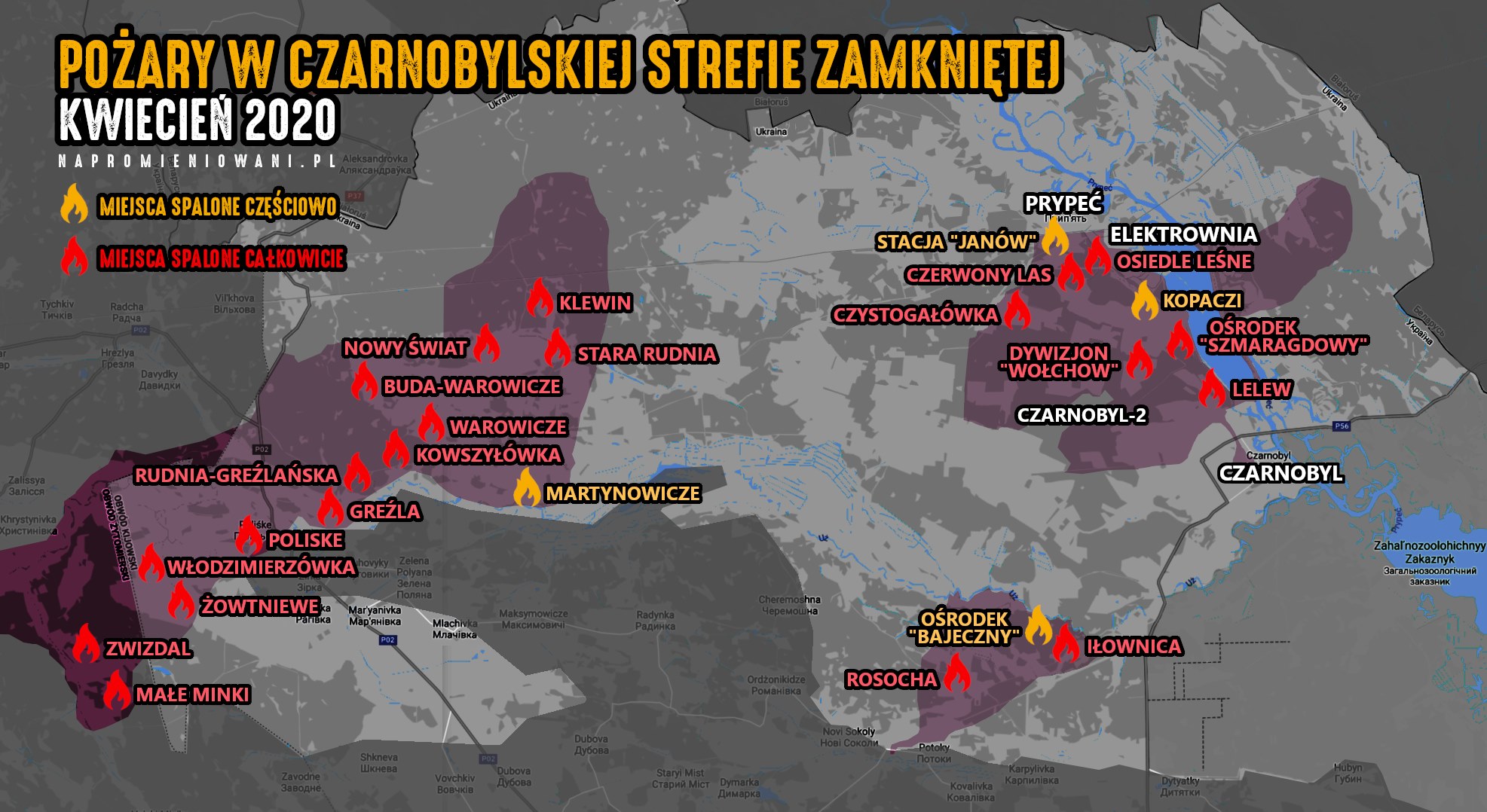 Mapa strat po pożarze stworzona przez grupę Napromieniowani.pl