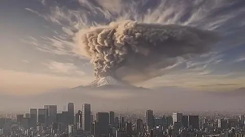 Japonia. Kadr z wygenerowanego przez AI filmu przedstawiającego erupcję wulkanu Fuji.  