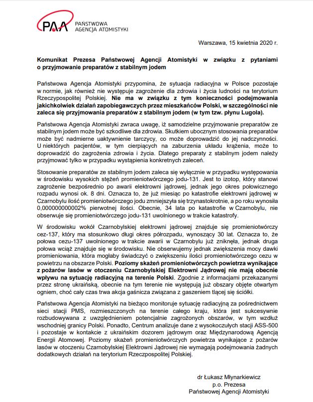 Oświadczenie Państwowej Agencji Atomistyki