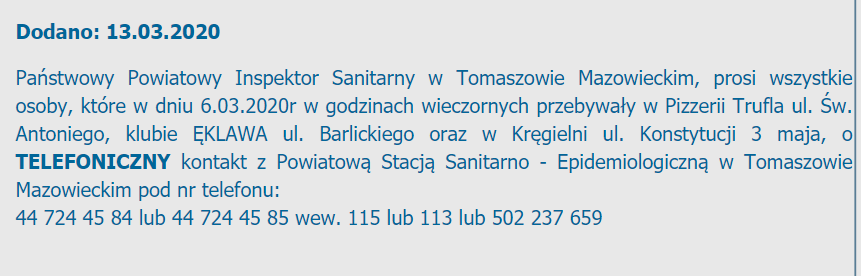 Komunikat sanepidu w Tomaszowie Mazowieckim