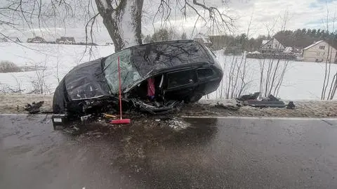 Auto rozbiło się na drzewie. Kierujący trafił do szpitala, 9-letni pasażer wyszedł z wypadku bez szwanku