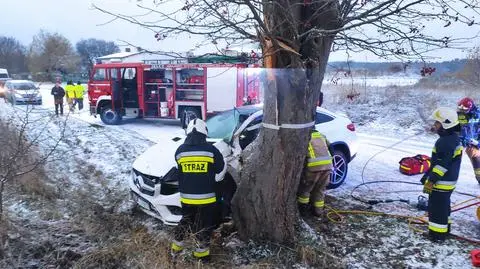 Samochód uderzył w drzewo, kierowca zakleszczony w aucie