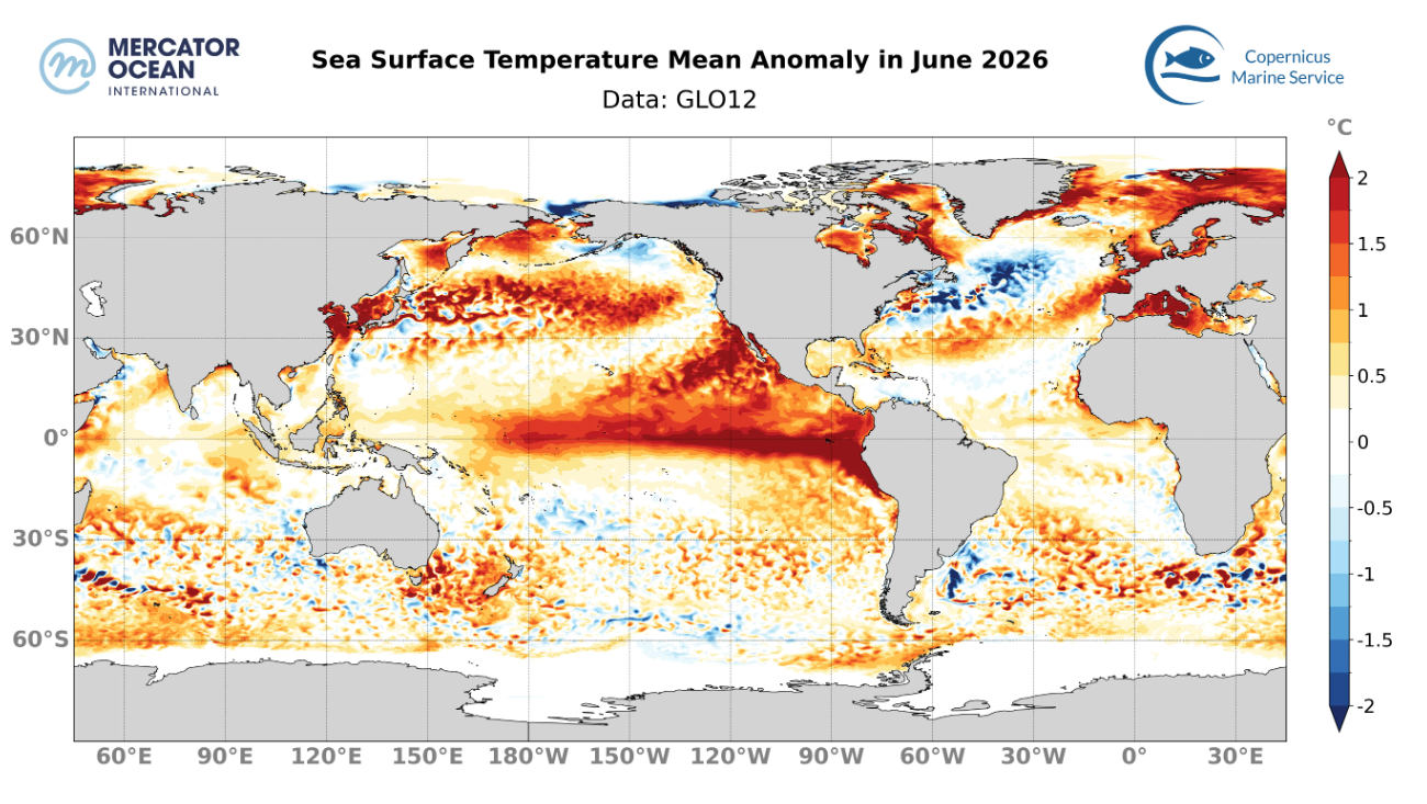 Odchylenie średniej temperatury powierzchni oceanów od średniej wieloletniej w czerwcu 2026 roku