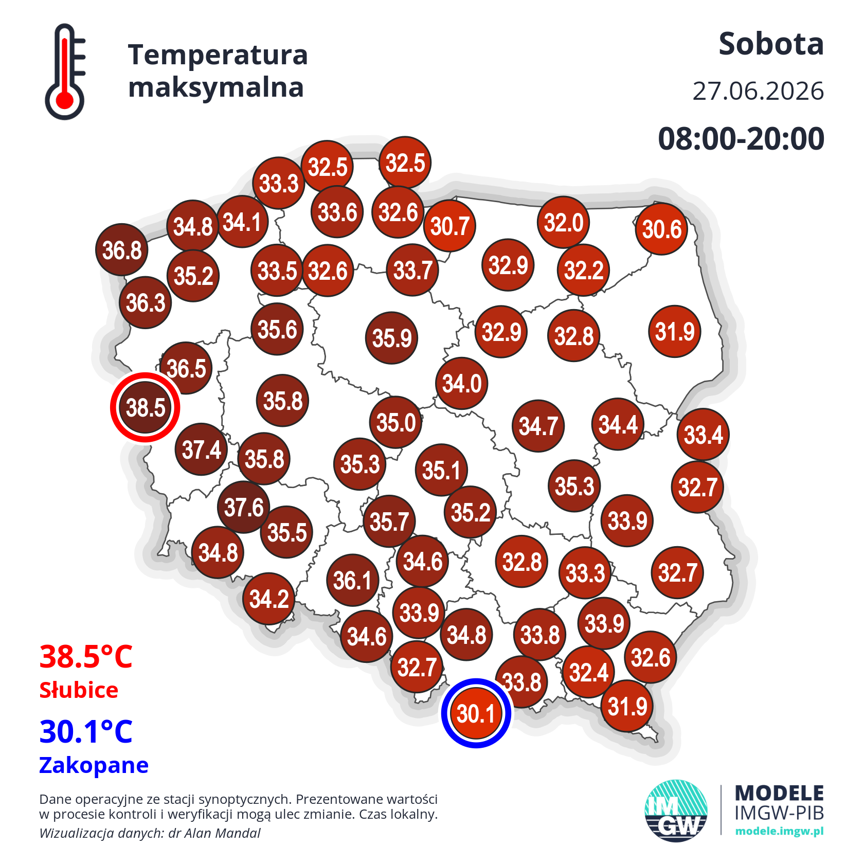 Wstępna mapa temperatury maksymalnej w Polsce 27.06.26