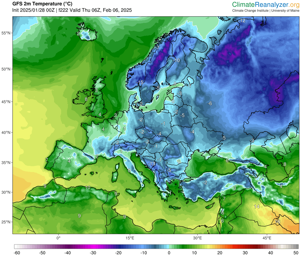 Fala zimna w Europie, widoczna w prognozach około 6 lutego, temperatura rano przy ziemi 