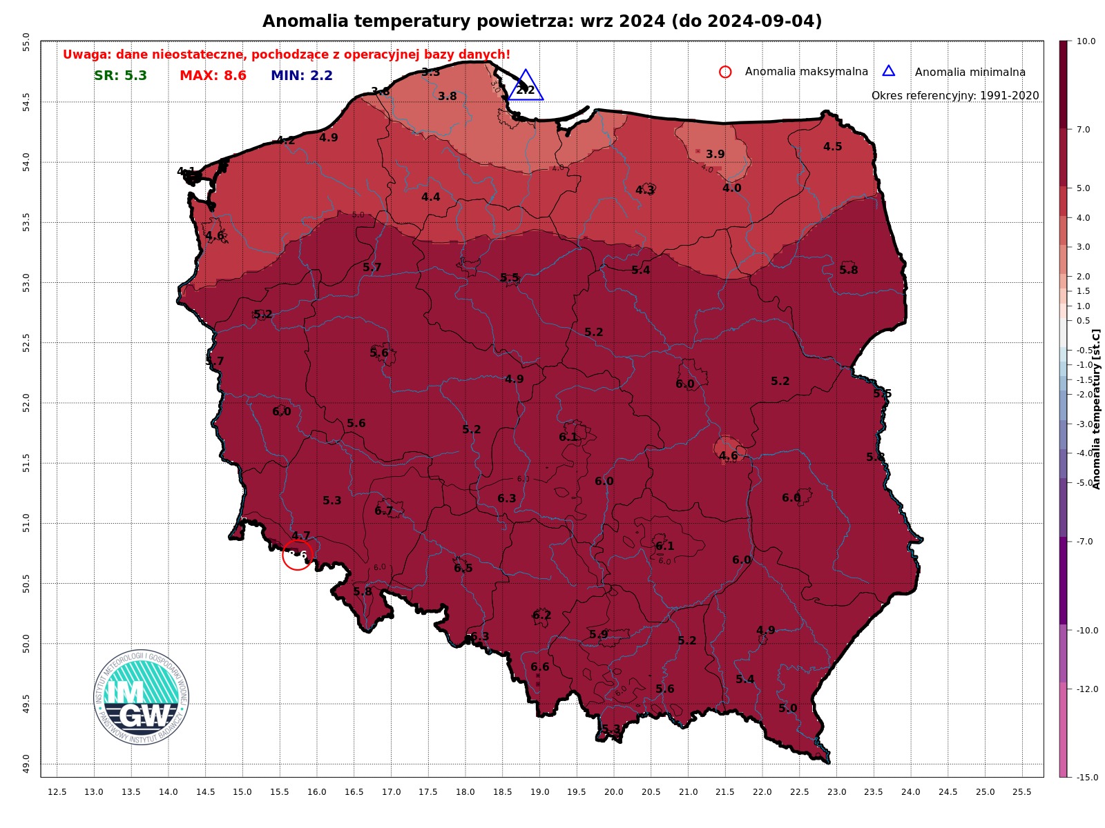 Anomalia temperatury powietrza od 1 do 4 września