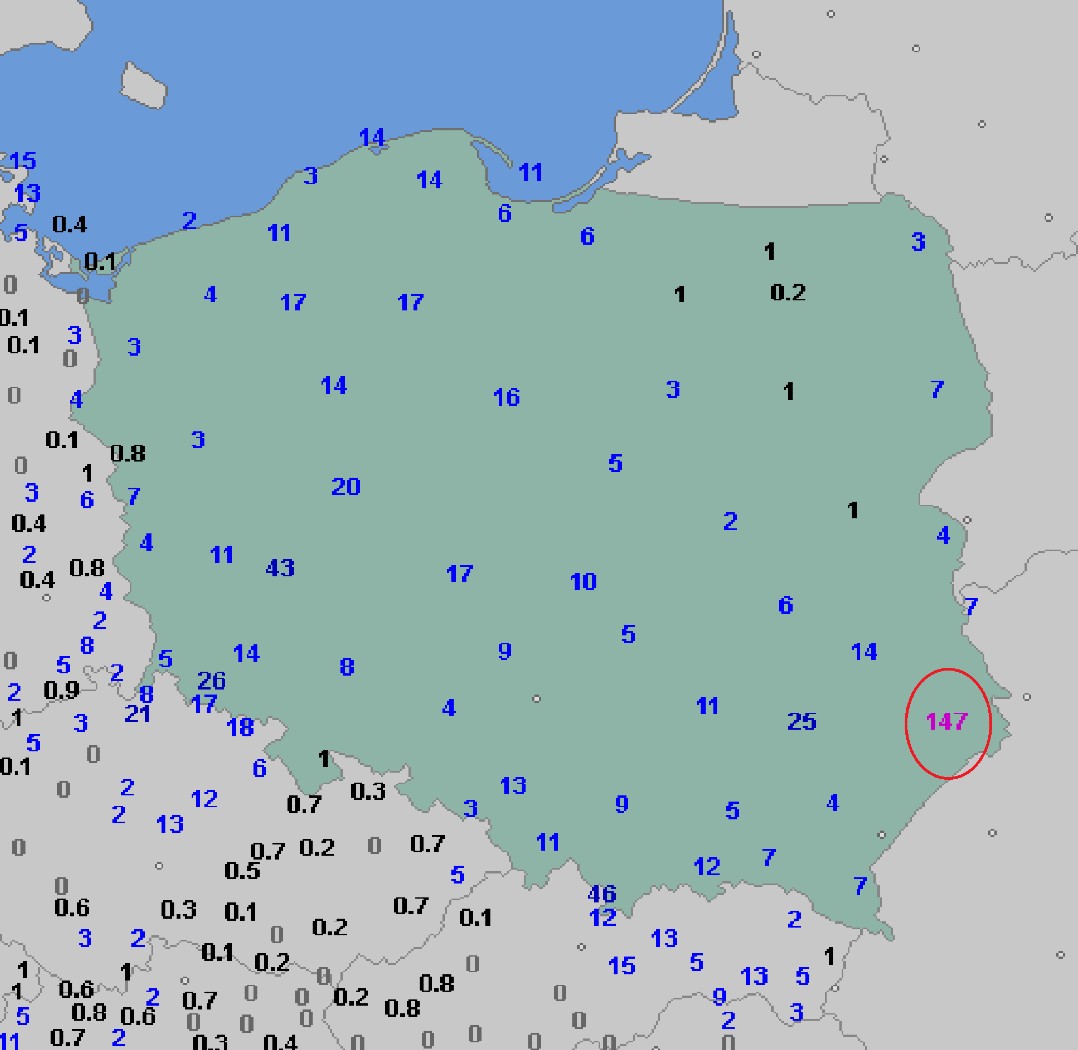 Dobowa suma opadów w Zamościu (środa 21.08)