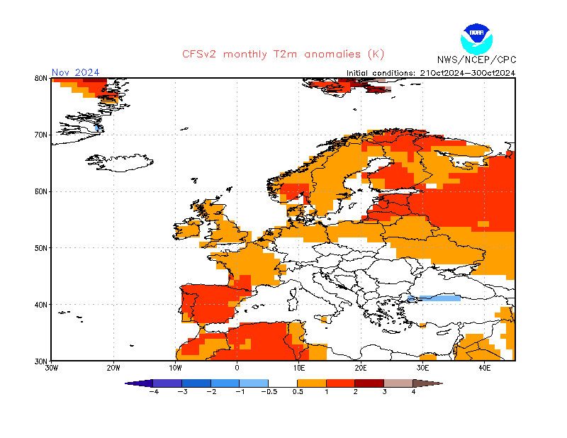 Prognoza odchylenia średniej miesięcznej temperatury od normy w listopadzie 