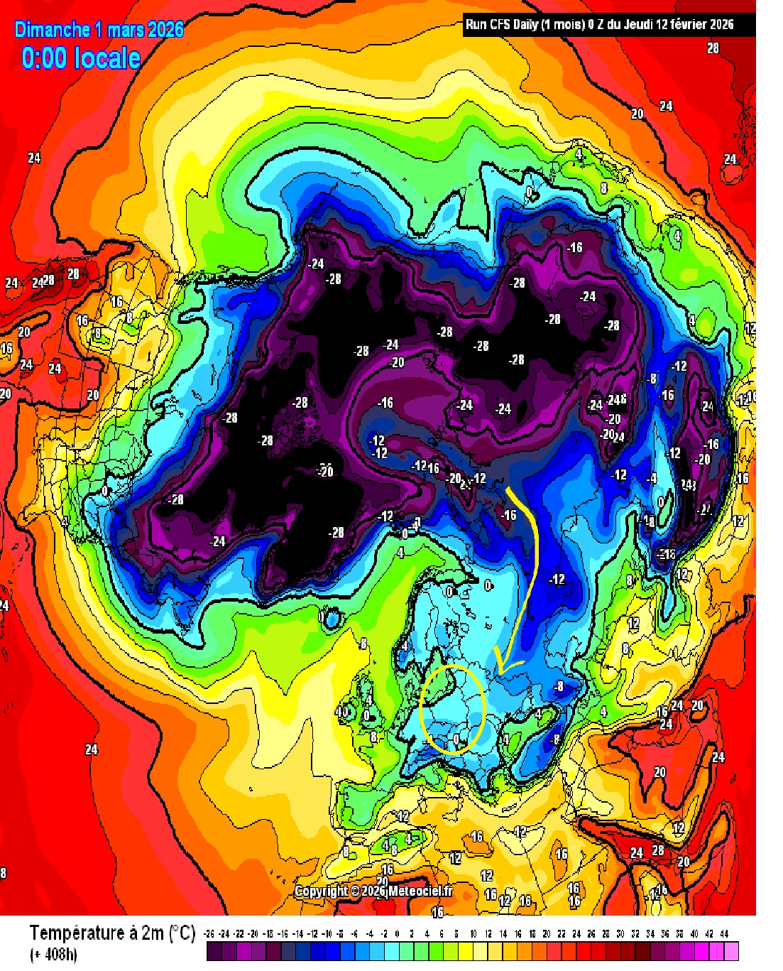 Jęzor zimna z głębi Rosji sięgający Europy środkowej i Bałkanów, temperatura na wys. 2 m o północy 1 marca