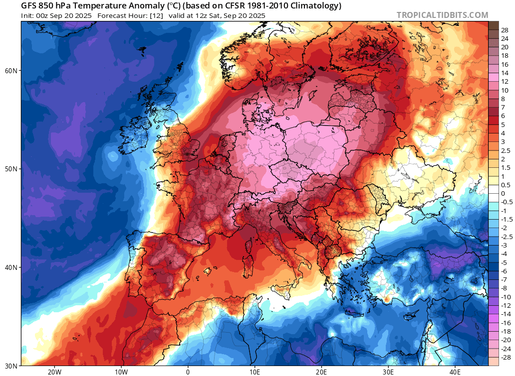 Prognozowana anomalia termiczna nad Polską w sobotę 20.09.2025
