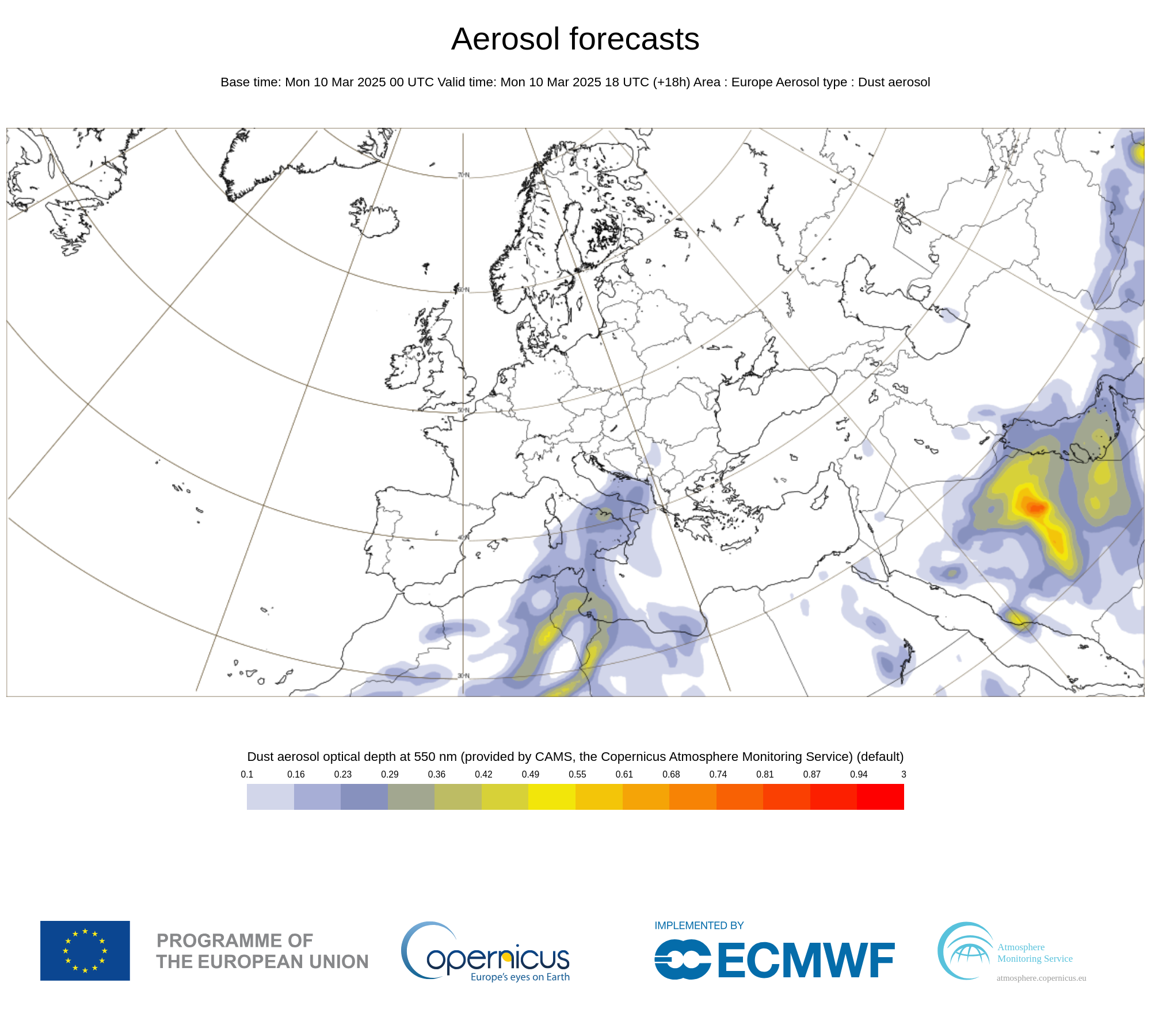 Prognoza zagęszczenia pyłu saharyjskiego w Europie. Dane na 10.03.25 godz. 18