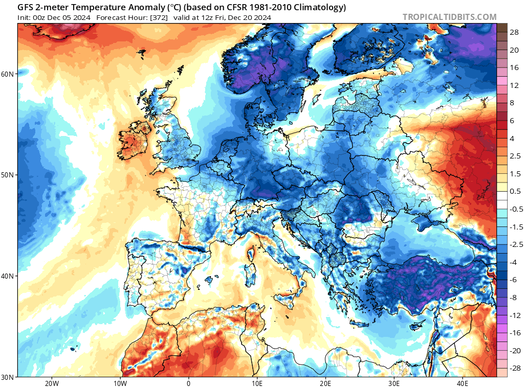 Prognozowane odchylenie temperatury 20 grudnia