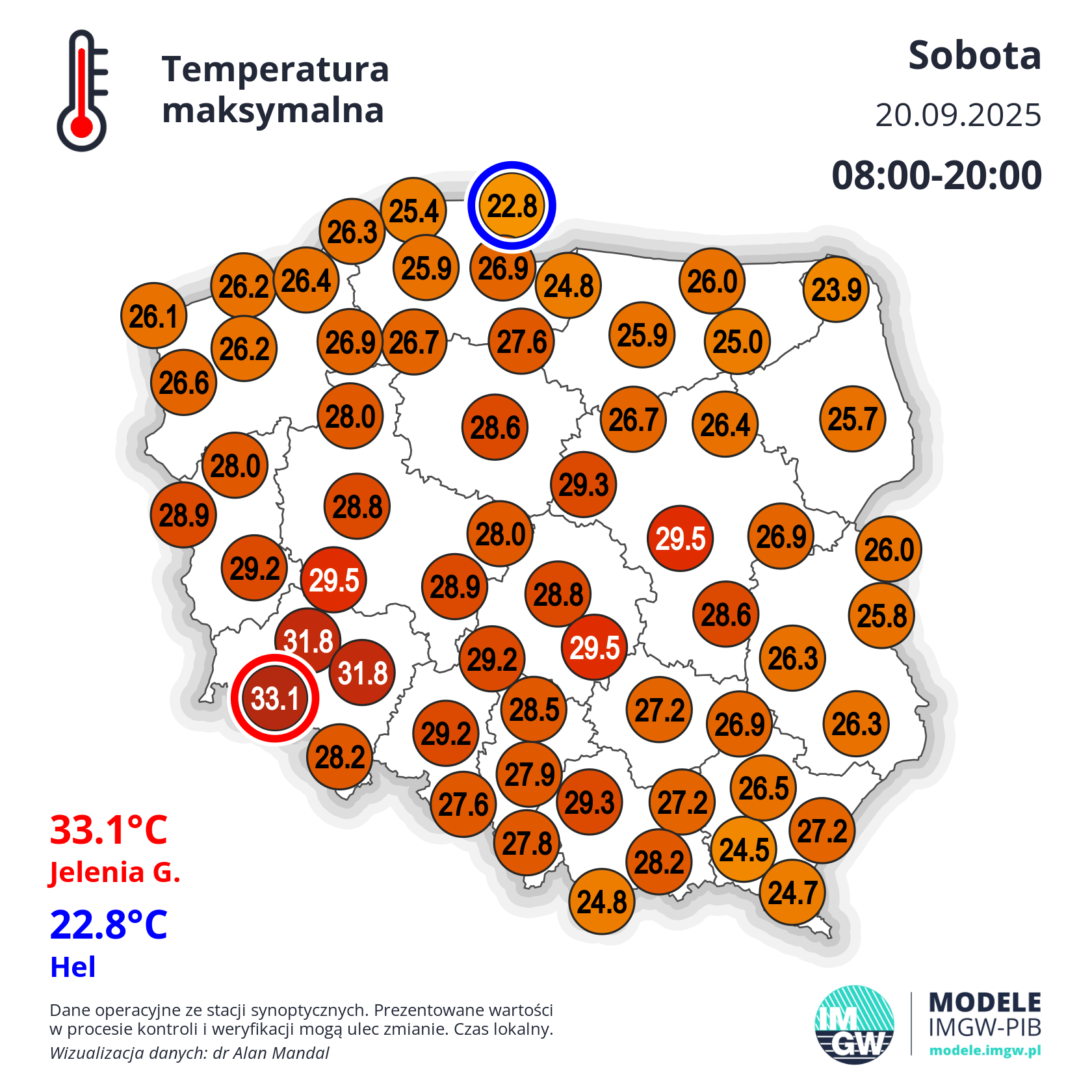Temperatura maksymalna powietrza w sobotę 20.09