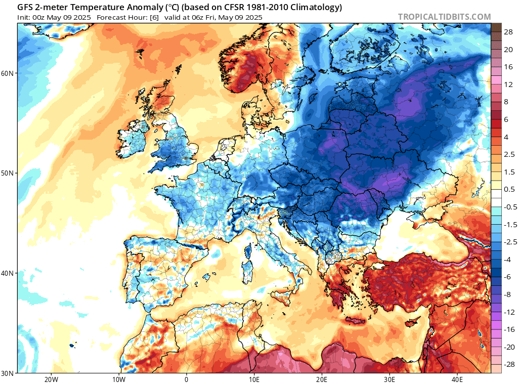 Anomalia temperatury na wysokości 2 metrów rano 9 maja
