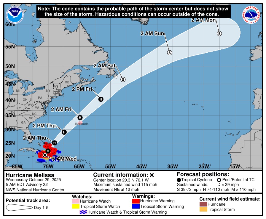 Prognoza przemieszczania się centrum huraganu Melissa w ciągu nadchodzących 5 dni. Godziny dla strefy czasowej obowiązującej na Kubie i Bahamach
