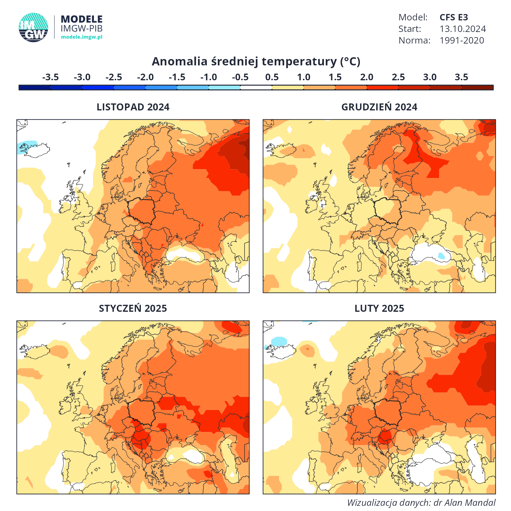 Anomalia średniej temperatury na listopad, grudzień, styczeń i luty
