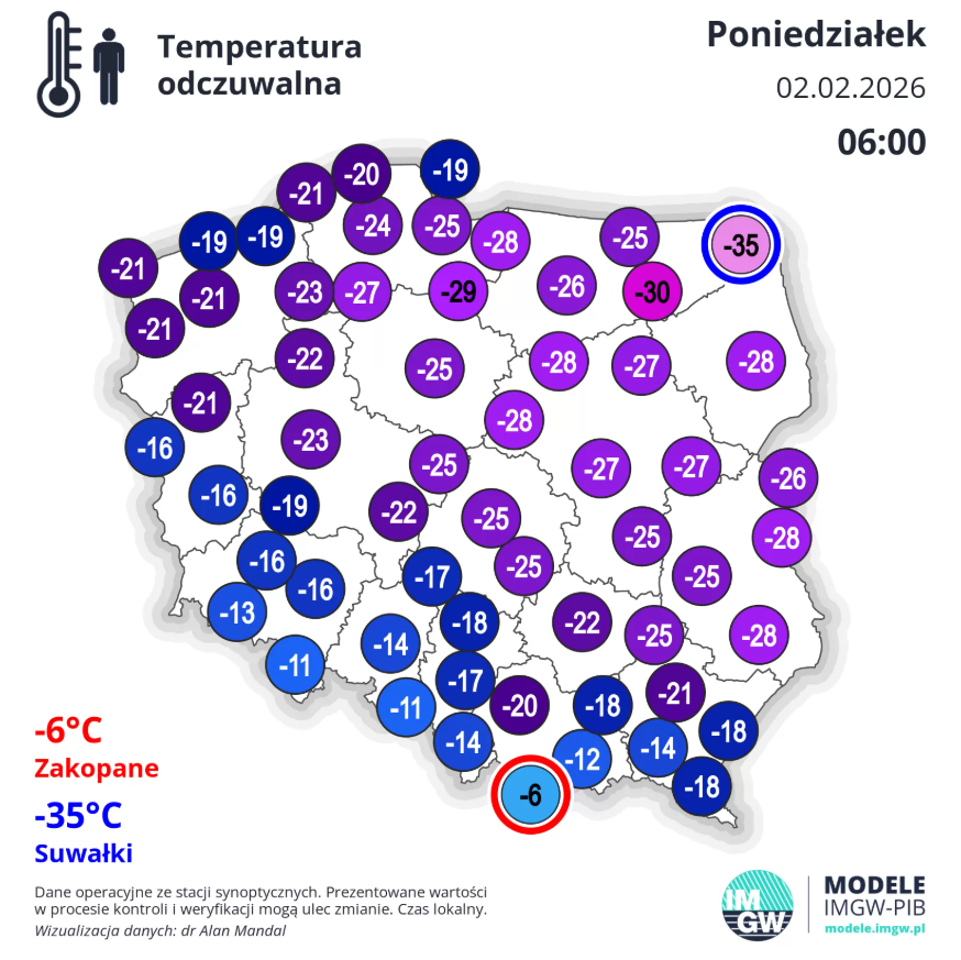 Temperatura odczuwalna w poniedziałek 2 lutego o godzinie 6