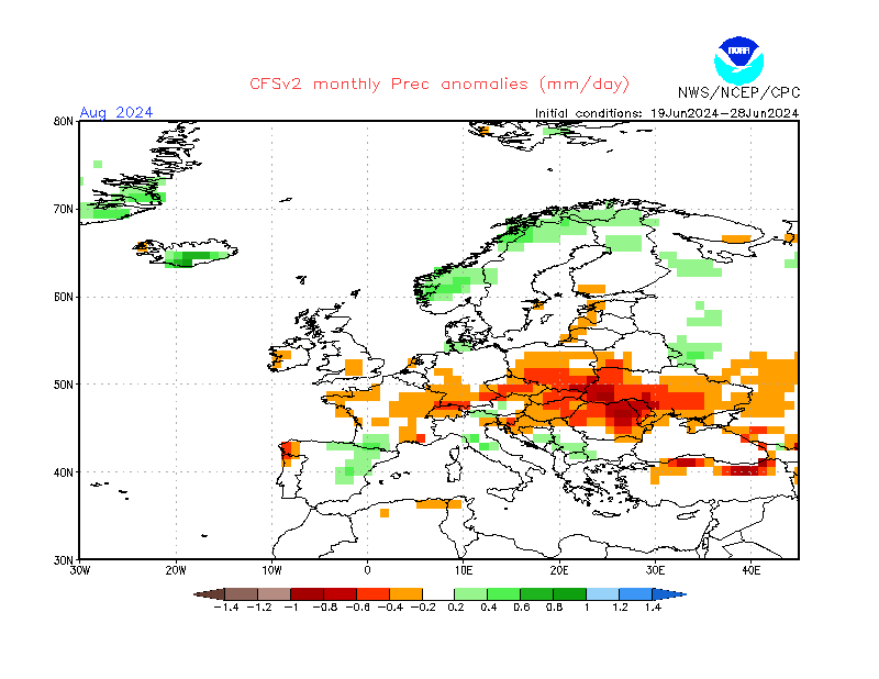 Prognoza anomalii opadów na minus w sierpniu