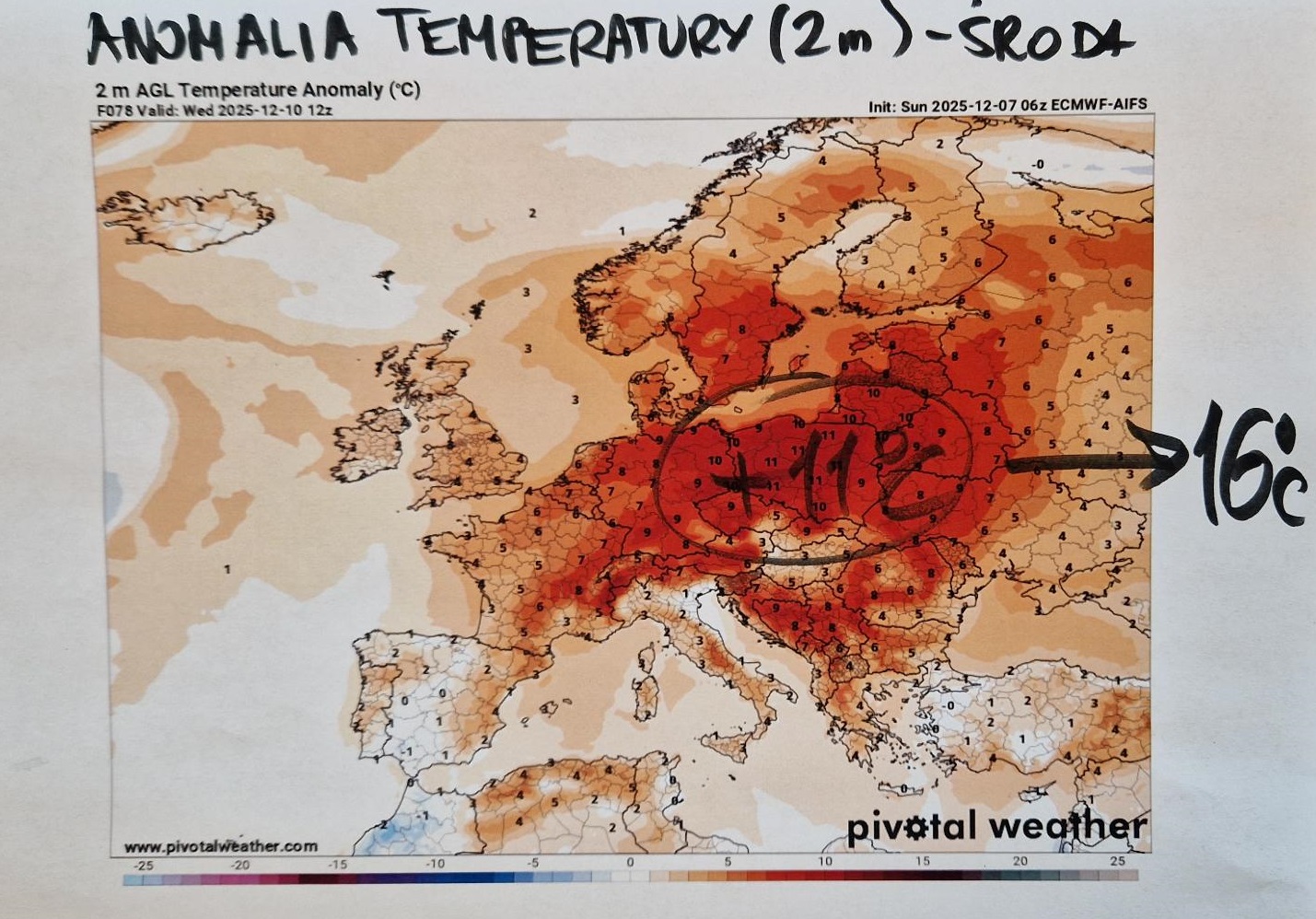 Anomalia temperatury w środę na wysokości 2 m