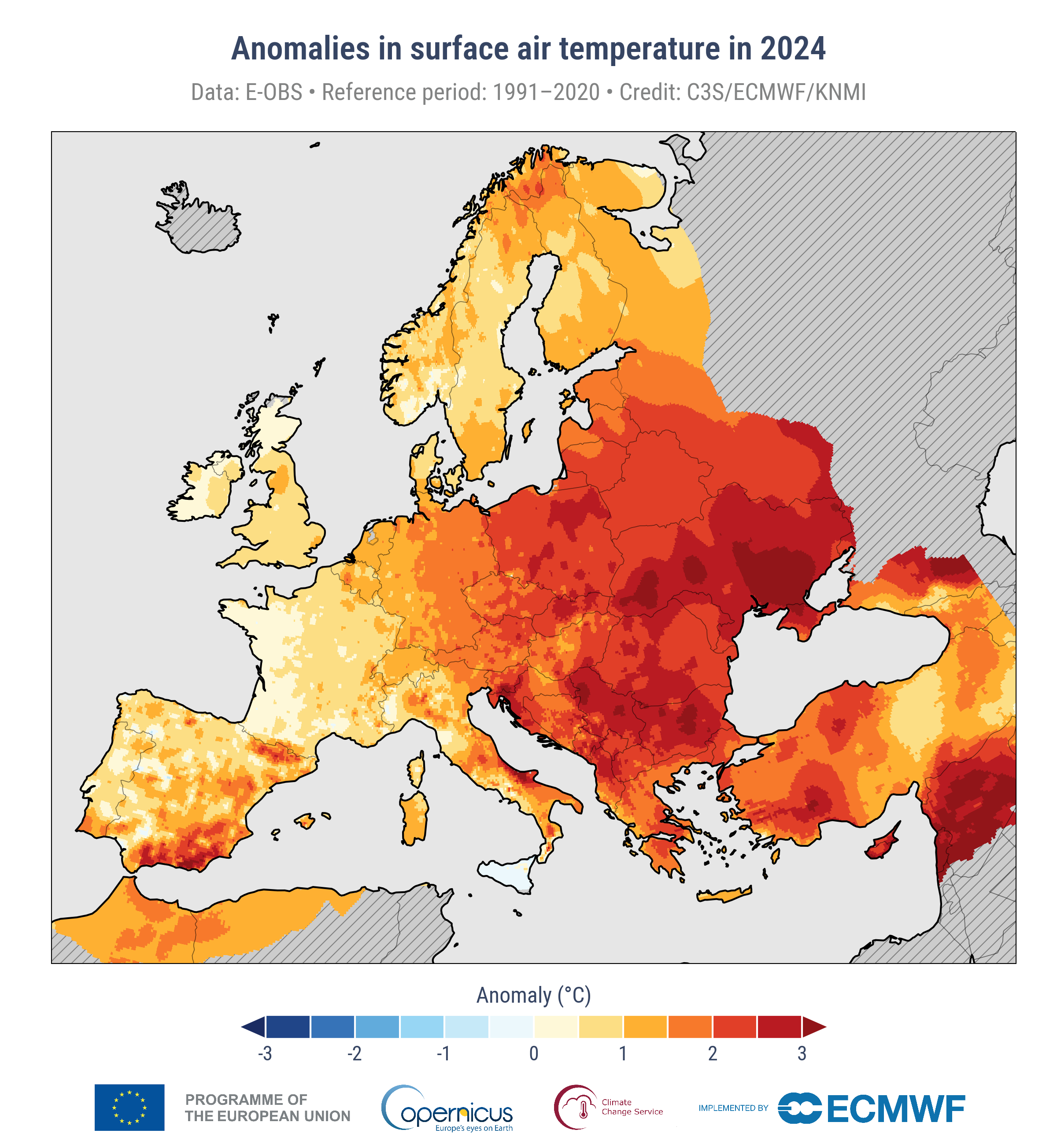 Roczne anomalie temperatury powietrza w 2024 roku w porównaniu ze średnią z wielolecia 1991-2020