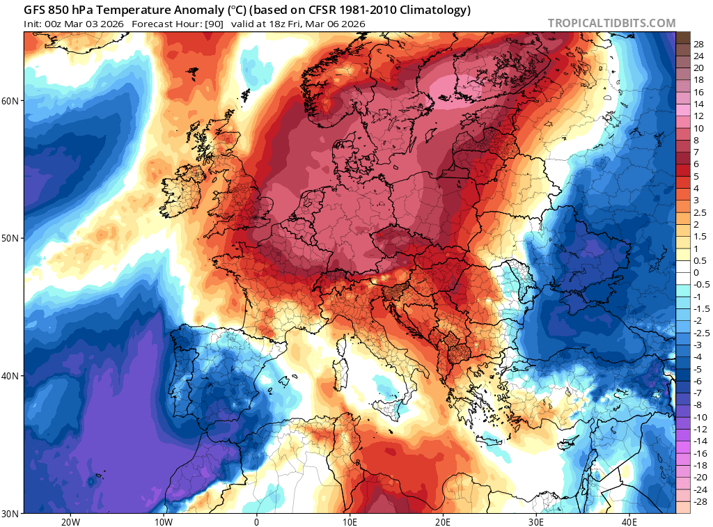 Bąbel ciepła nad Europą 6 marca i trzymany w ryzach jęzor zimna nad Rosją