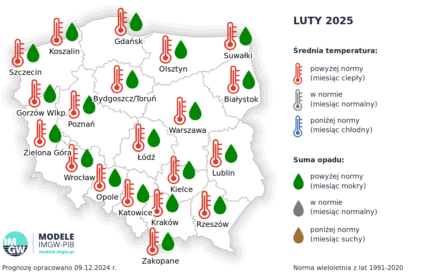 Pogoda na zimę 2024/2025. Prognoza średniej miesięcznej temperatury powietrza i miesięcznej sumy opadów atmosferycznych na luty 2025 r. dla wybranych miast w Polsce