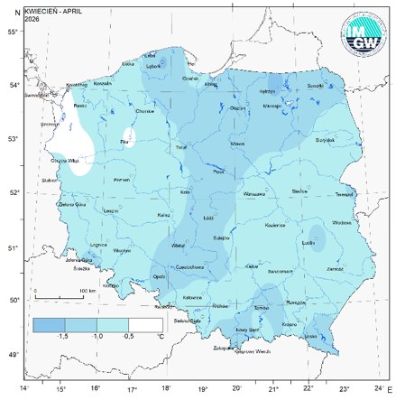 Przestrzenny rozkład anomalii średniej miesięcznej temperatury powietrza w kwietniu 2026 r. w stosunku do normy (tj. średniej miesięcznej wartości wieloletniej elementu w okresie 1991-2020)