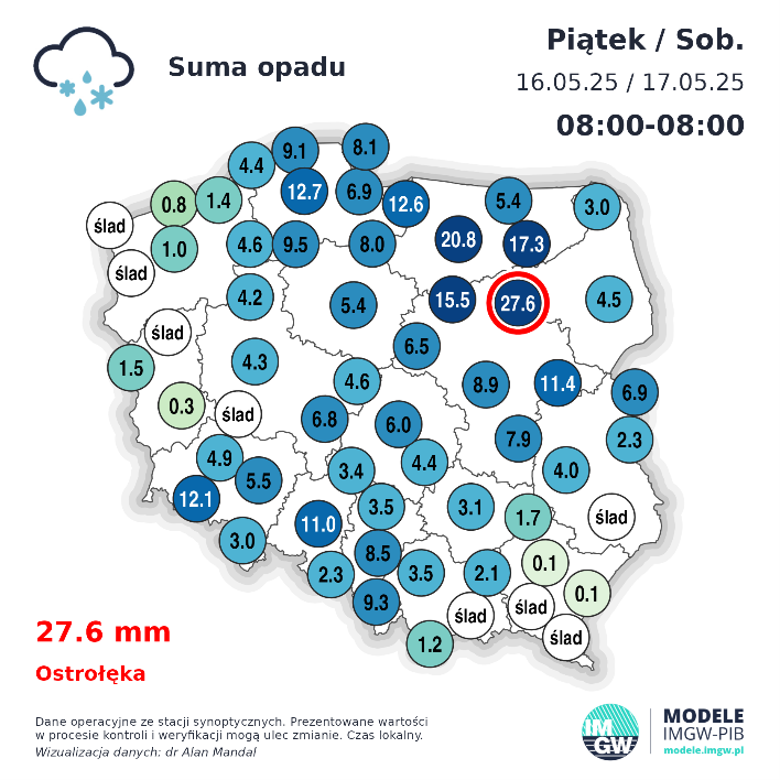Suma opadów piątek godz. 8 - sobota godz. 8