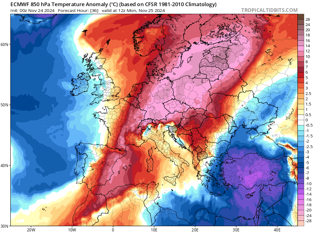 Anomalia temperatury 25 listopada na wysokości 1,5 km w porównaniu z normą z lat 1981-2010