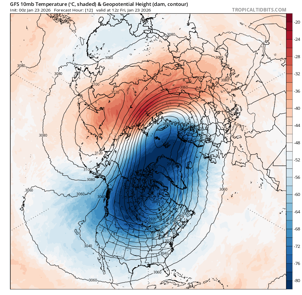 Wir polarny zsunął się nad Amerykę Północną, temperatura na wysokości ok. 30 km