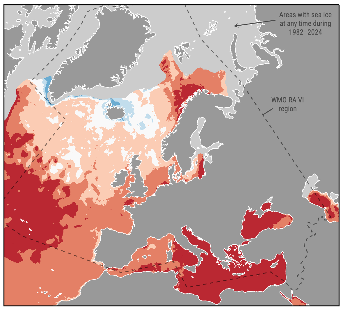 Roczne anomalie temperatury powierzchni mórz w porównaniu ze średnią z wielolecia 1991-2020