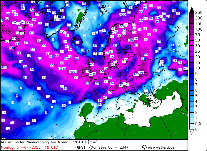 Prognoza skumulowanego opadu do 31 lipca według GFS/wetter3.de