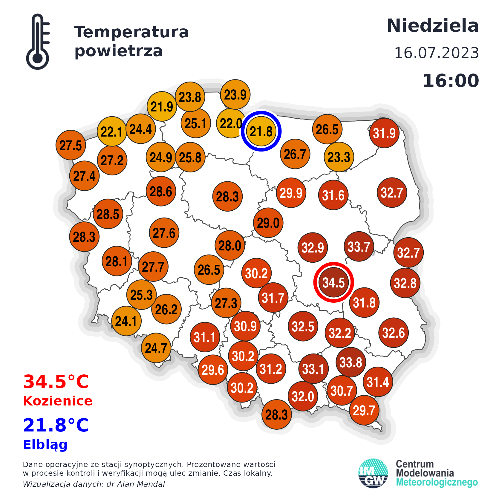 Temperatura powietrza w niedzielę o godz. 16
