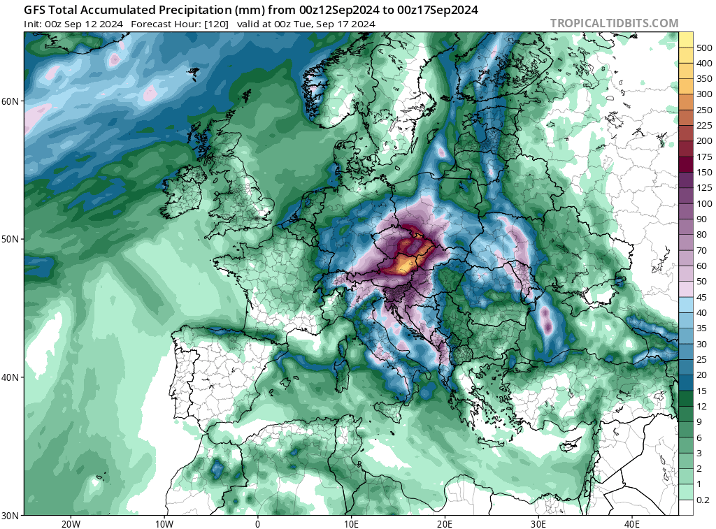 Prognozowana suma opadów do wtorku 12 września