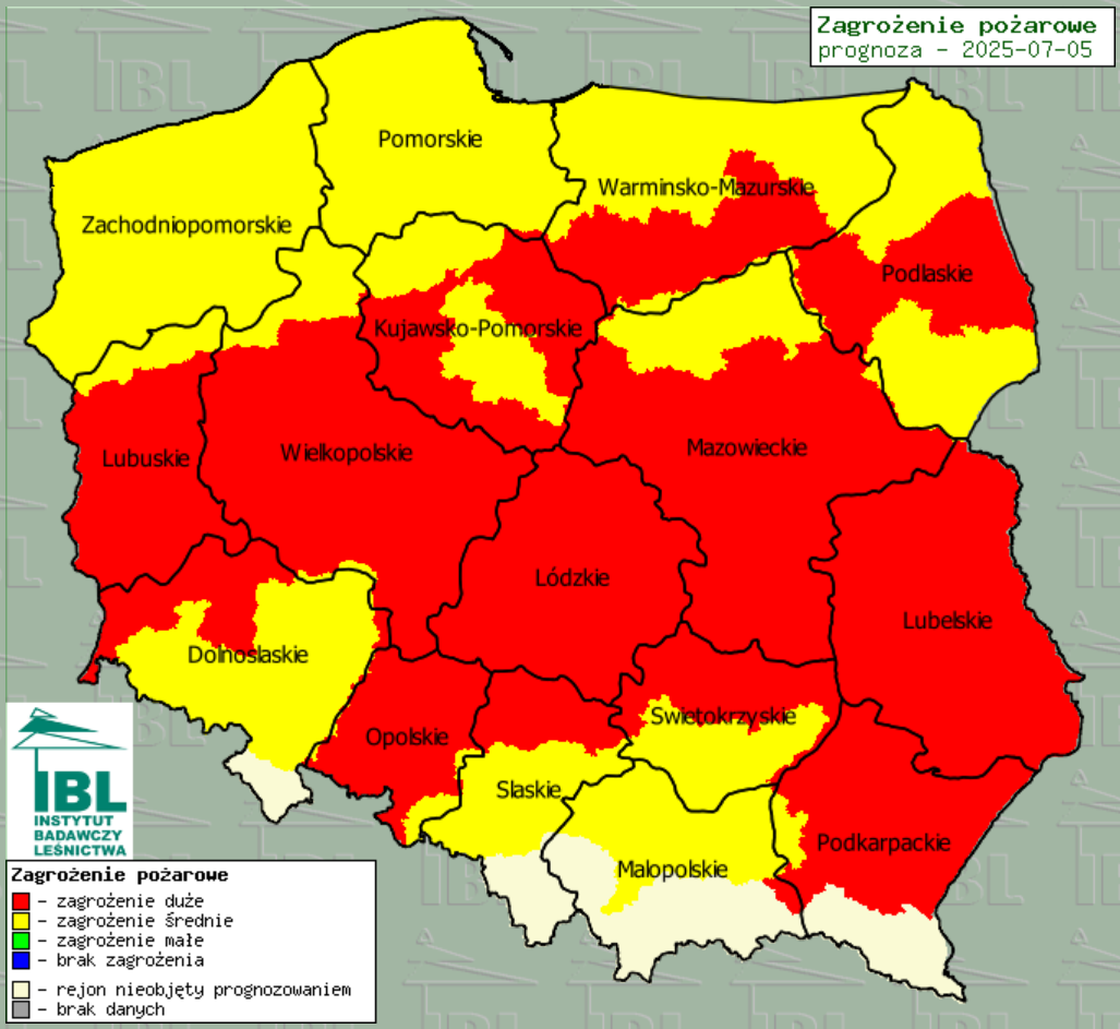 Zagrożenie pożarowe w lasach 5 lipca (stan na godz. 12.00)