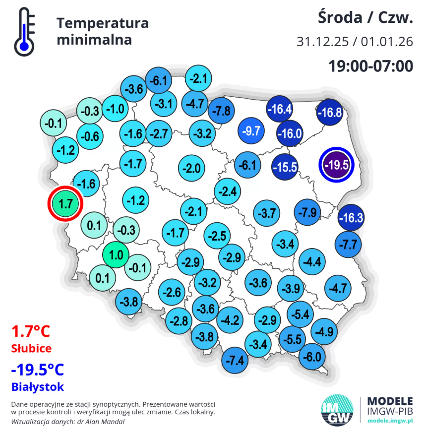Temperatura minimalna w nocy z 31 grudnia na 1 stycznia
