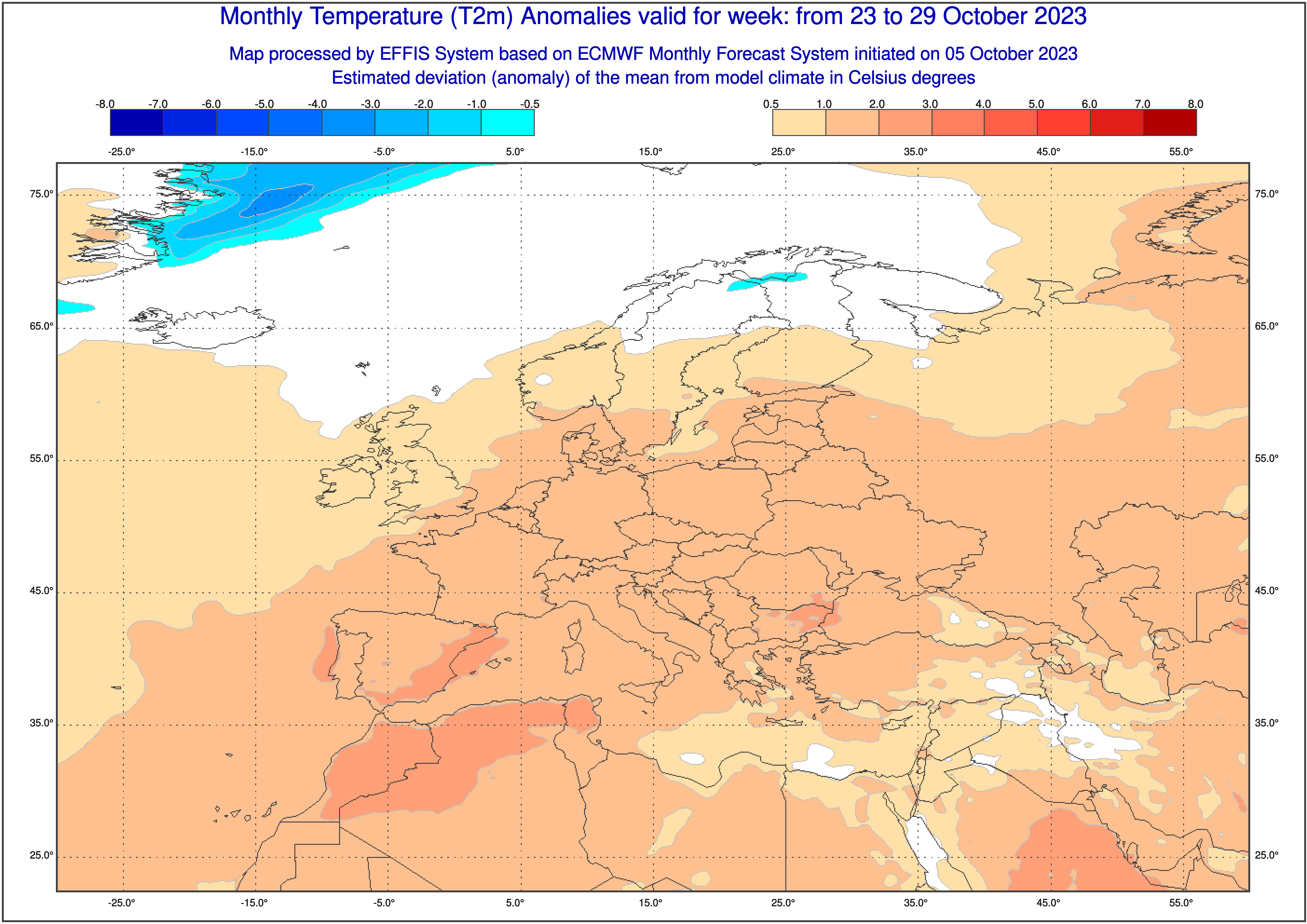 Prognozowane odchylenie średniej temperatury w tygodniu 23-29 października od normy wieloletniej