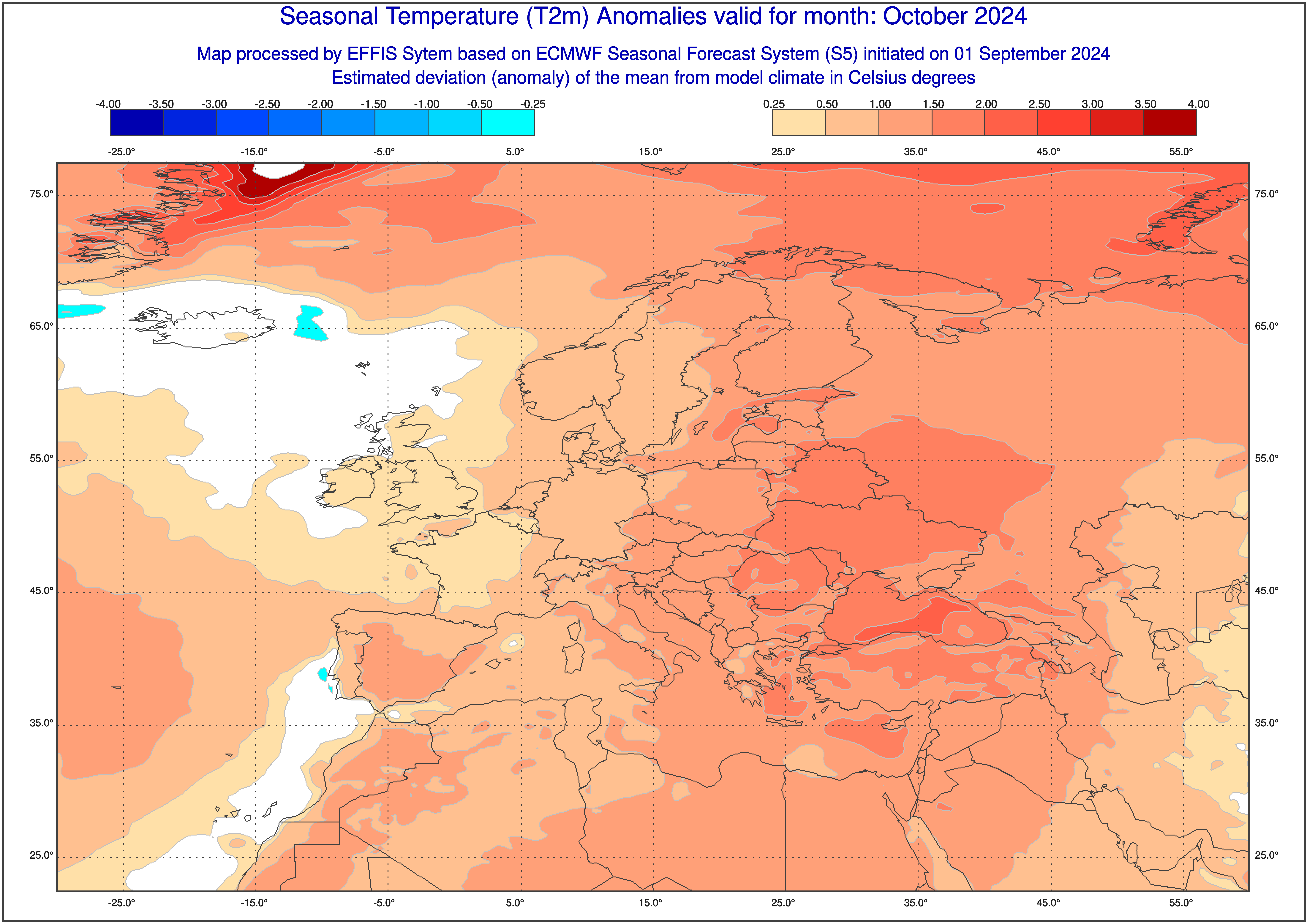Prognoza odchylenia średniej temperatury miesięcznej od normy w październiku 2024