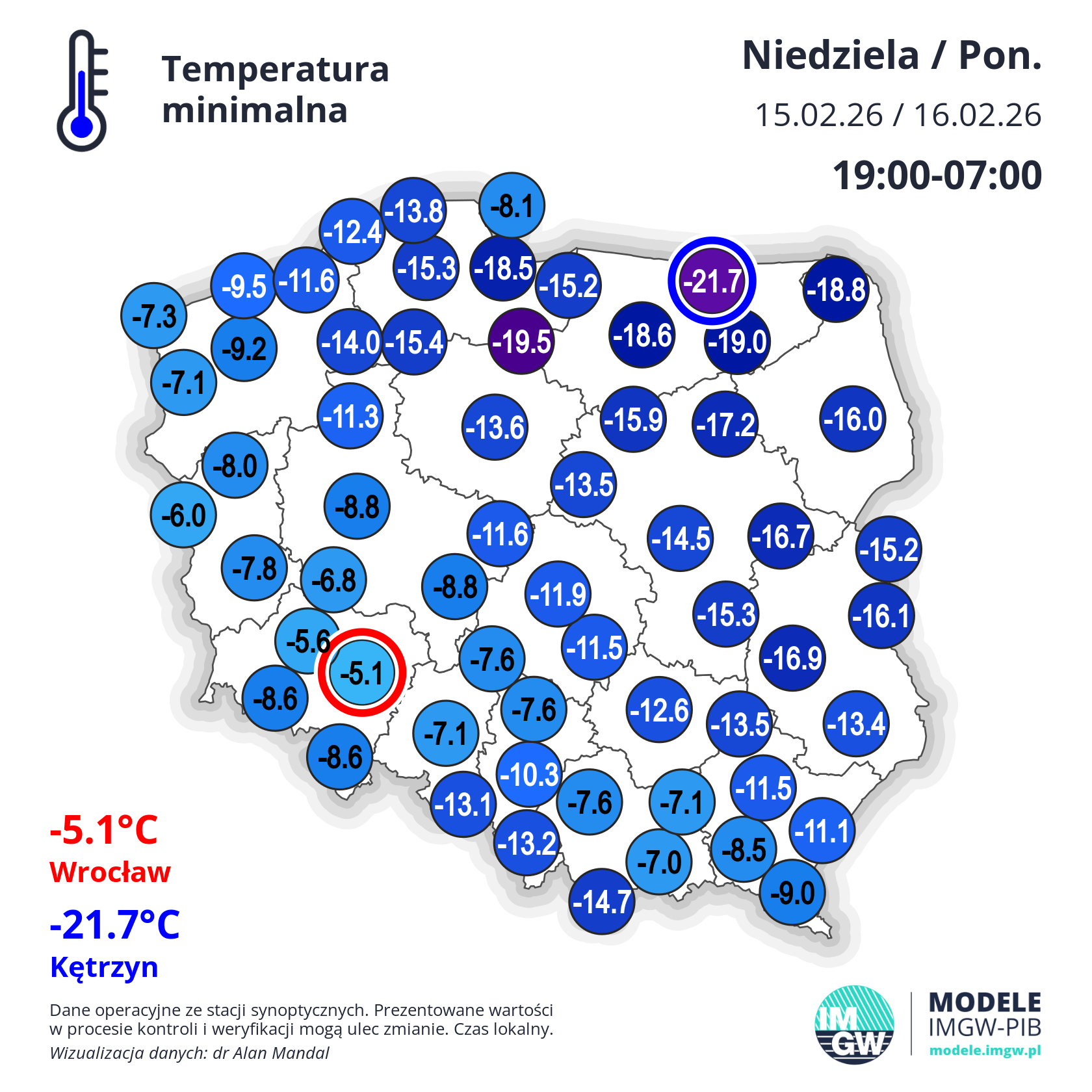 Temperatura minimalna w nocy 15/16.02.26