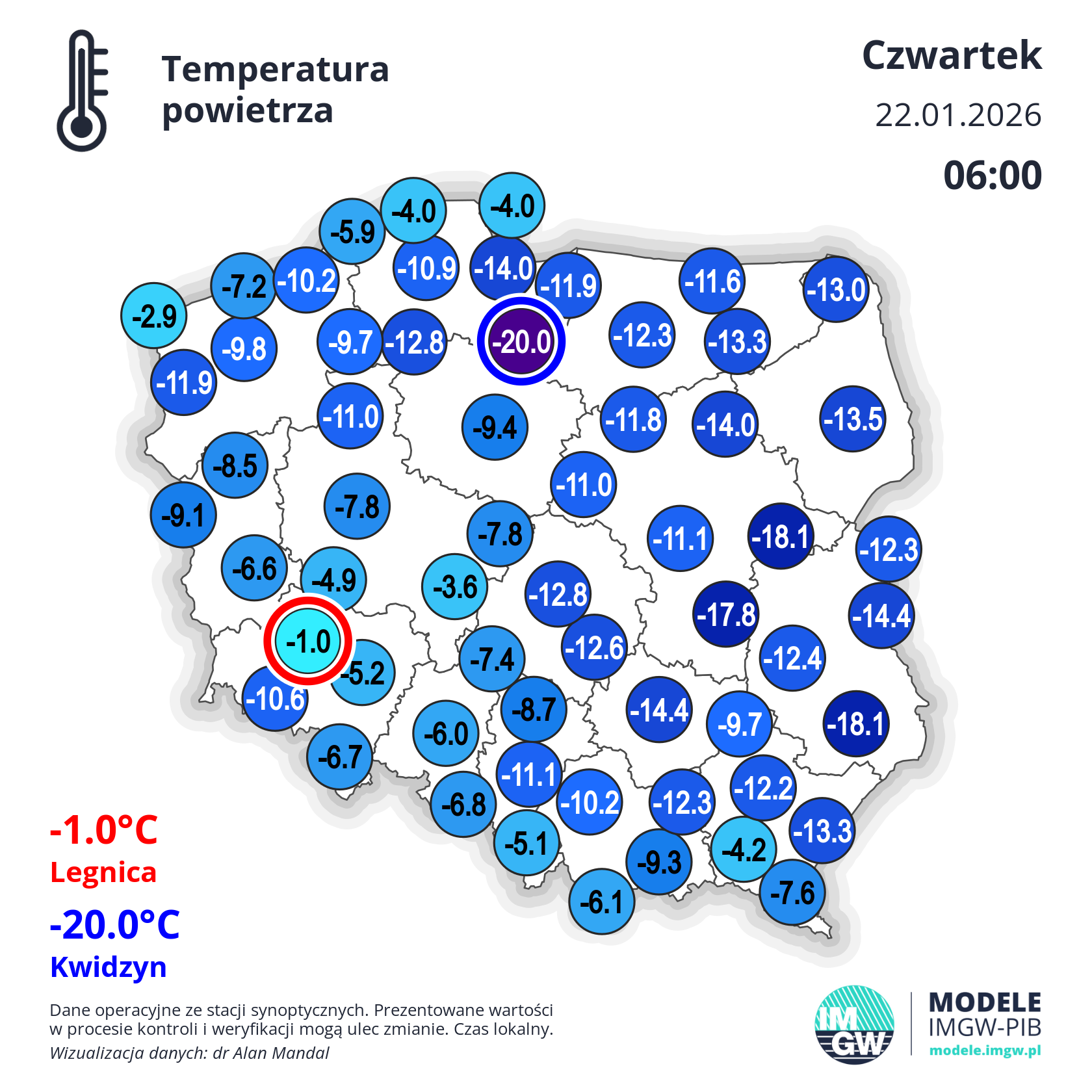 Temperatura powietrza o godzinie 6 w czwartek (22.01.2026)