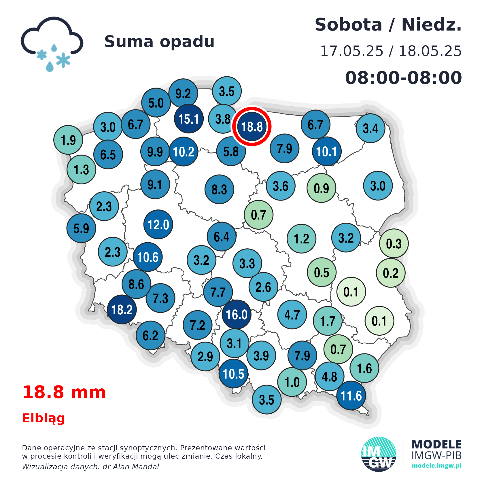 Suma opadów sobota godz. 8 - niedziela godz. 8