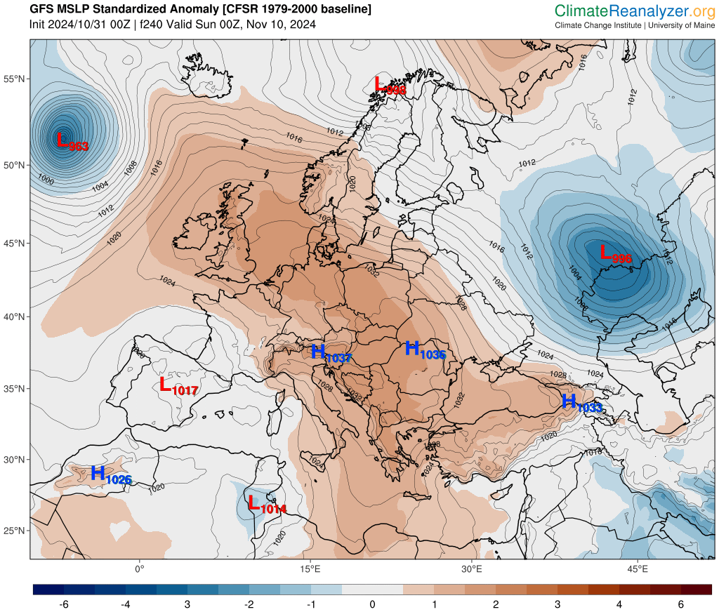 Wał wyżowy nad Europą. Prognoza odchylenia ciśnienia atmosferycznego od normy 