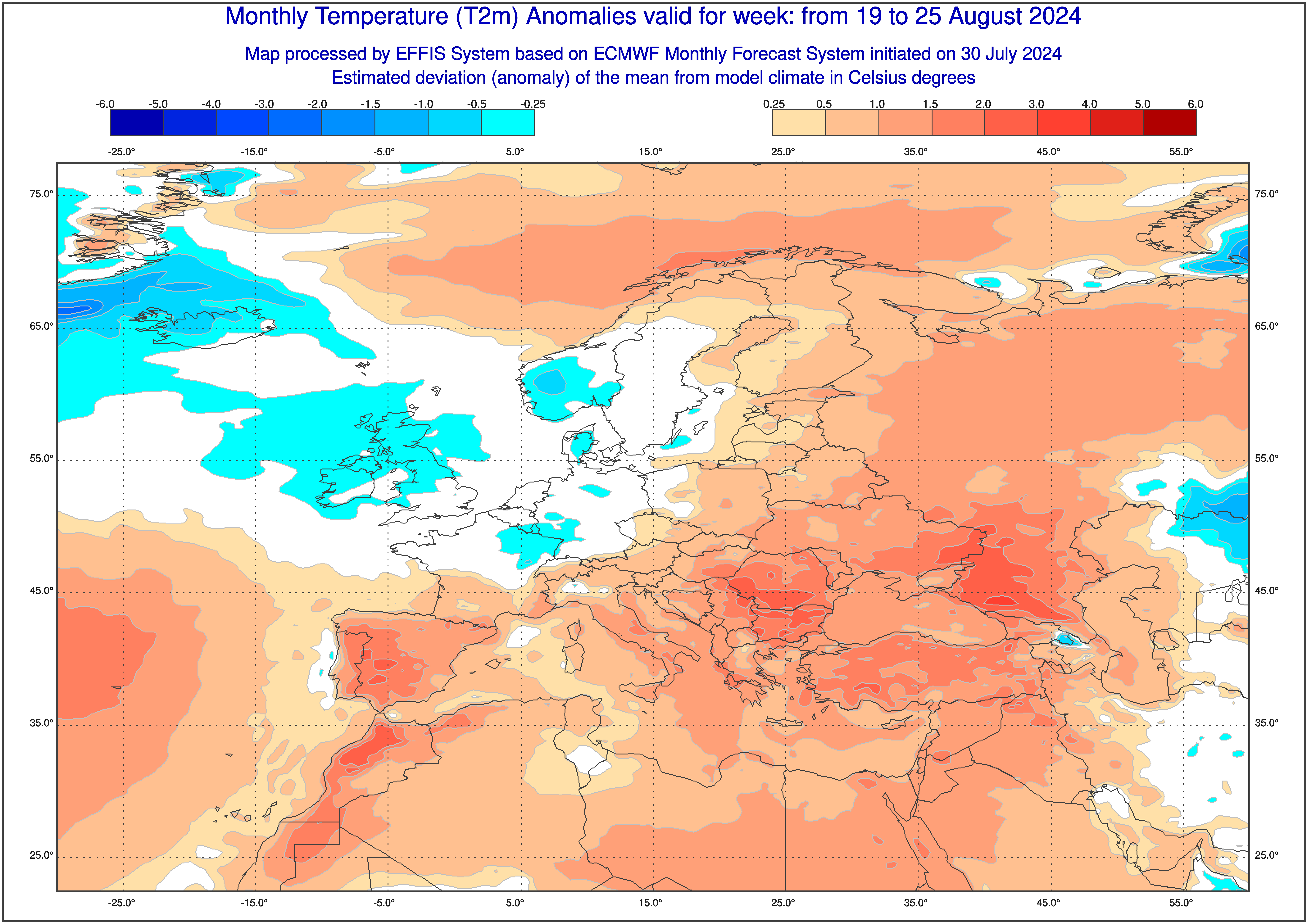 Prognoza odchylenia średniej temperatury od normy w tygodniu 19-25 sierpnia 2024 r.