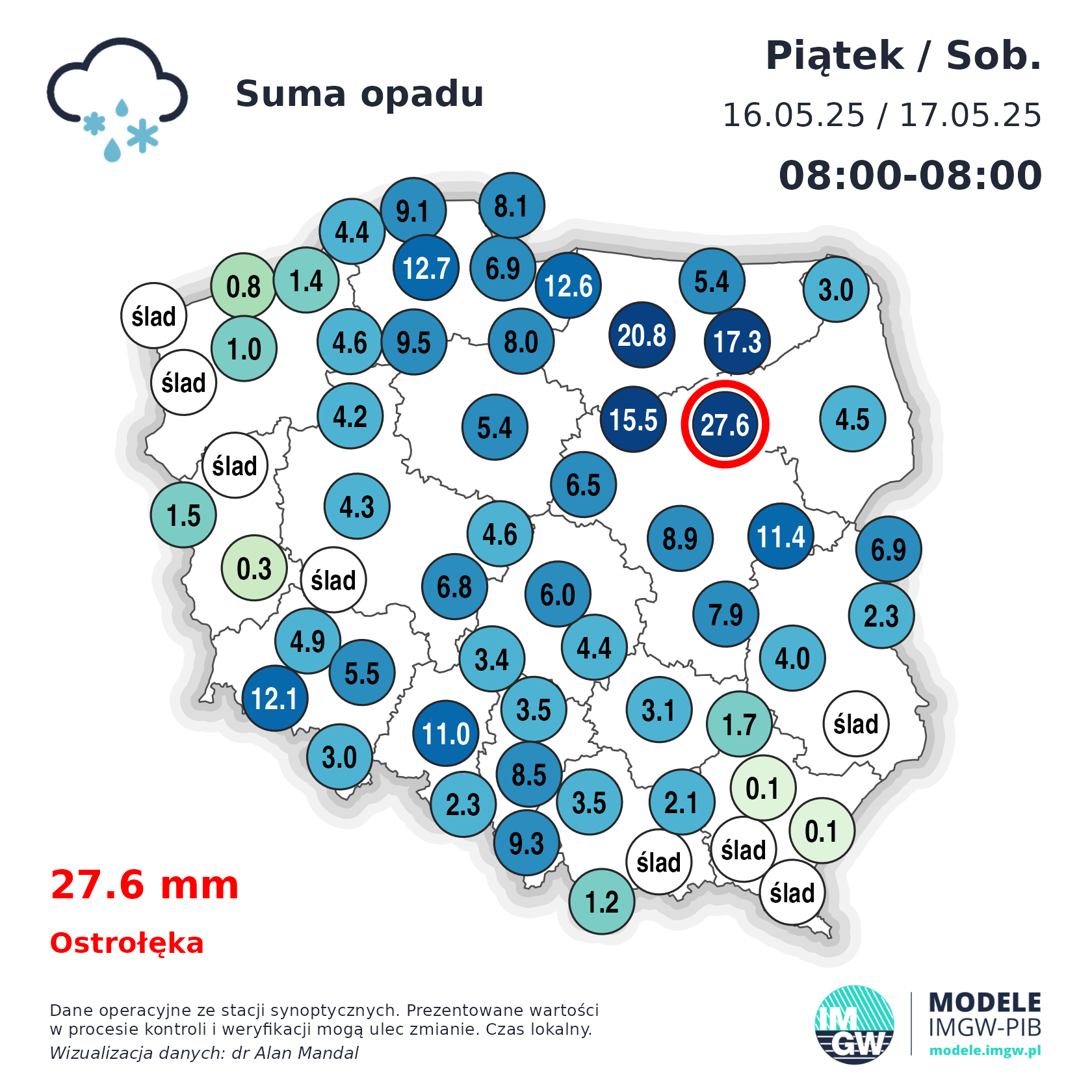 Dobowa suma opadów od godziny 8 w piątek do godz. 8 w sobotę
